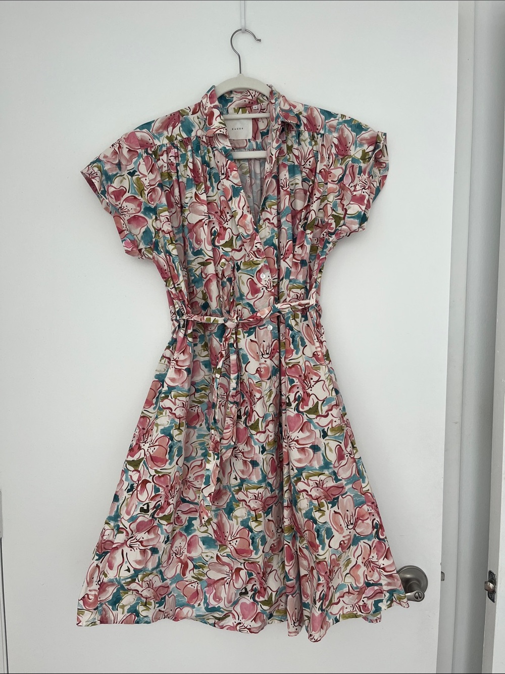 Xacus Pink Floral Cotton Midi Shirt Dress with Tie